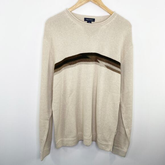 Nautica Y2K 9s Sweater Men Large Cream Striped Long Sleeve Wool Blend Crewneck - Picture 1 of 6